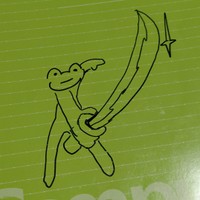 娘さんの落書きその1、刀を振り下ろすカエル（提供：江戸屋薬局@会津若松さん）