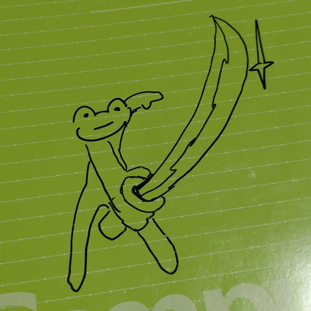 娘さんの落書きその1、刀を振り下ろすカエル（提供：江戸屋薬局@会津若松さん）