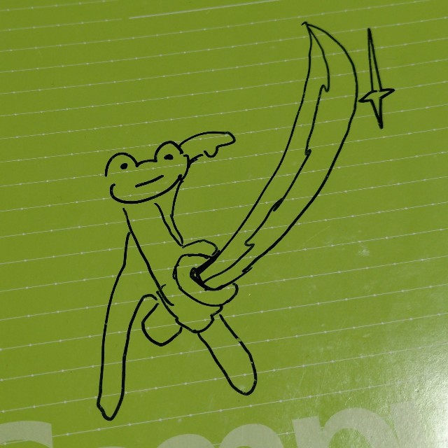 娘さんの落書きその1、刀を振り下ろすカエル（提供：江戸屋薬局@会津若松さん）