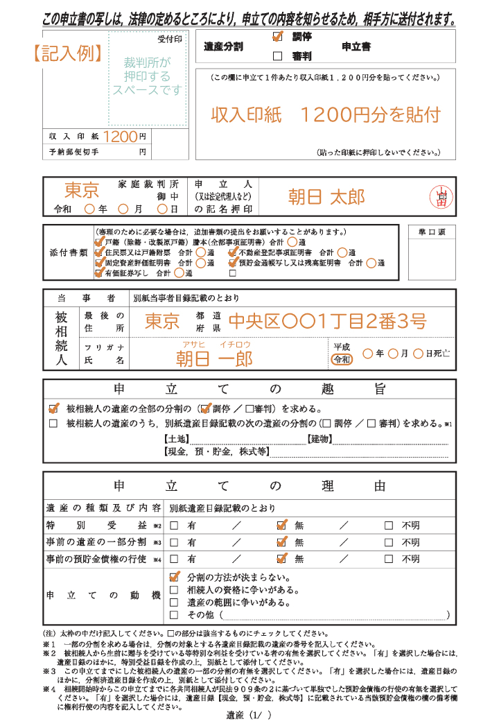 遺産分割調停の申立書等の書き方のサンプル。収入印紙を貼付して家庭裁判所に提出