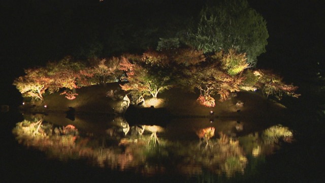 栗林公園で秋のライトアップ始まる　売店など夜間営業も　香川