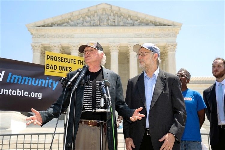 Ben Cohen and Jerry Greenfield, of Ben and Jerry's Ice Cream, speak at Campaign to End Qualified Immunity in front of the Supreme Court in Washington, U.S., May 20, 2021. REUTERS/Ken Cedeno