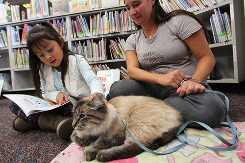 読み聞かせのあいだも、この女の子はずっとタイを撫で続けた