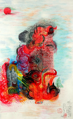 炎に包まれる世界貿易センタービルを描いた絵＝©Ｊｉｍｍｙ　Ｔｓｕｔｏｍｕ　Ｍｉｒｉｋｉｔａｎｉ