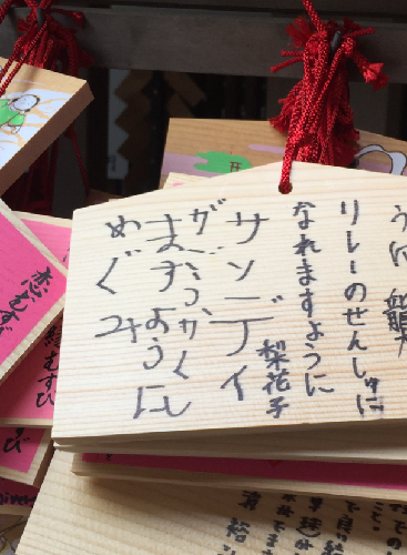 絵馬に「サンディが合格しますように」　（書いたのは恵ちゃん）