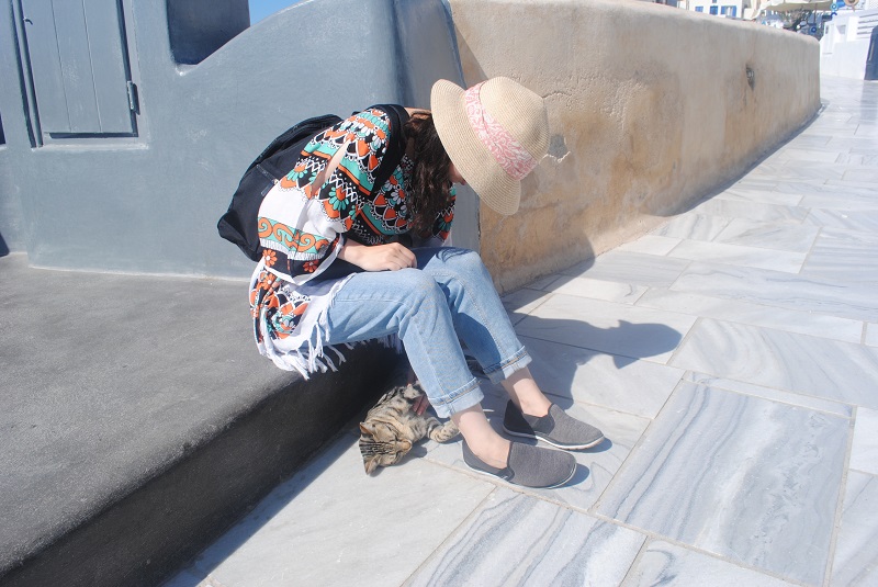 なでて、なでて！ 遊んで！ にゃあにゃあじゃれついてくれたので、しばしお相手…する友人を激写。サントリーニでは自分から寄ってくる猫は少なかったです（イア）