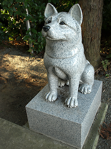 伊奴寝子社を守るのは、狛犬ではなく、犬と猫の像。手のひらでさすると願い事が叶うといわれ、頭はつるつる。（座間神社）