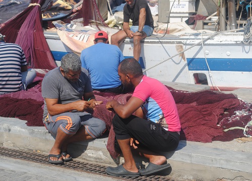 朝に港を歩くと、漁に使う網の手入れをする漁師さんをよく目にします（ナウサ）