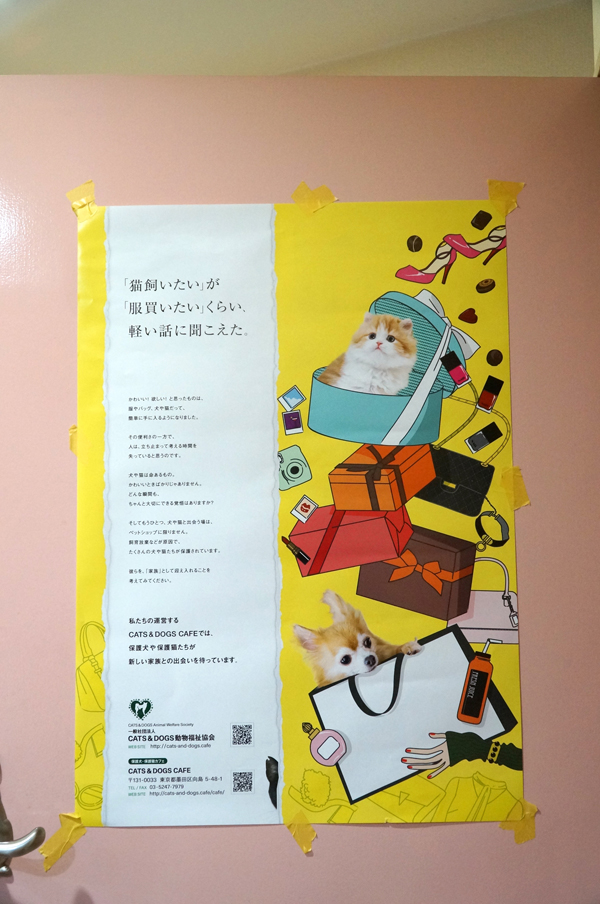 『CATS&DOGS動物福祉協会』による啓蒙ポスターは、一定期間、近所の駅に掲示された。デザインは支援者のひとりが担当