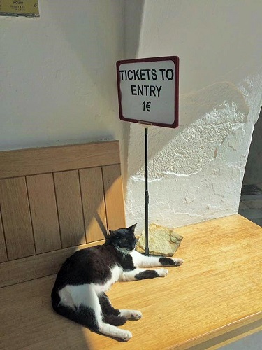 修道院の入り口にて。入場料徴収のおてつだい。（ミコノス島）