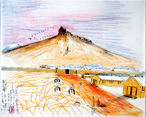 ジミー・ミリキタニさんが描いたツールレイク強制収容所＝©Ｊｉｍｍｙ　Ｔｓｕｔｏｍｕ　Ｍｉｒｉｋｉｔａｎｉ