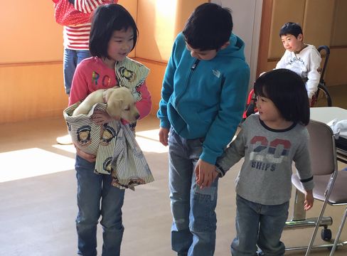 出会いの日（去年３月）抱っこ紐でサンディを抱く梨花子ちゃん、龍大君、恵ちゃん