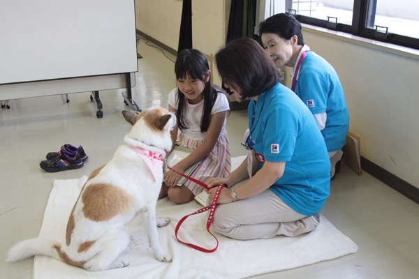 これから読み聞かせをする犬にあいさつ（ｃ）大塚敦子