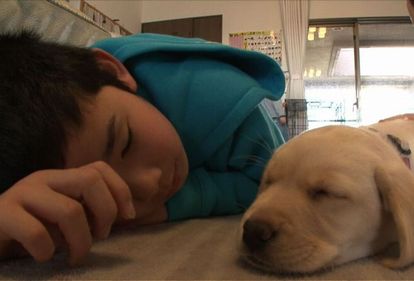 家について、ひと休みするサンディと龍大君「今日からよろしくね」