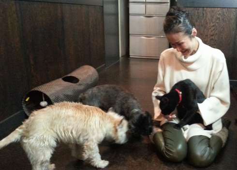 智恵さんと石榴、リッツとシン＝１６年３月、藤村撮影